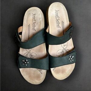 Josef Seibel Tonga Sandal Sz 38 US 7.5 Navy Leather Slip On Flower Strap Comfort